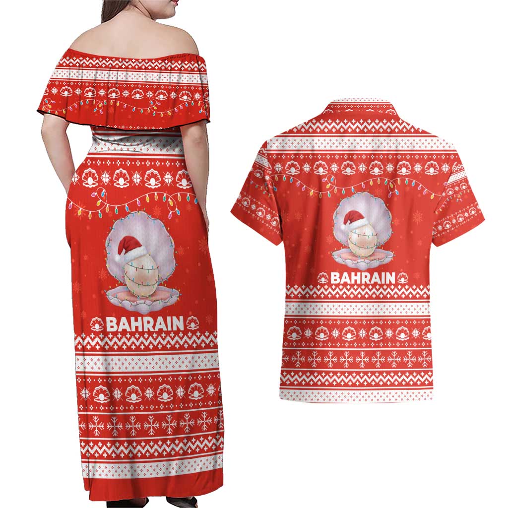 Bahrain Christmas Couples Matching Off Shoulder Maxi Dress and Hawaiian Shirt with Pearl Shell Design Red Snowflake Pattern and Holiday Lights - Wonder Print Shop
