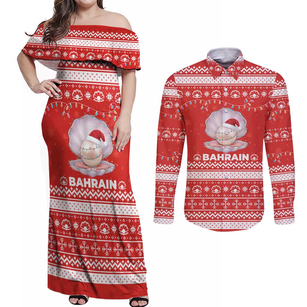 Bahrain Christmas Couples Matching Off Shoulder Maxi Dress and Long Sleeve Button Shirt with Pearl Shell Design Red Snowflake Pattern and Holiday Lights - Wonder Print Shop