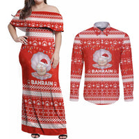 Bahrain Christmas Couples Matching Off Shoulder Maxi Dress and Long Sleeve Button Shirt with Pearl Shell Design Red Snowflake Pattern and Holiday Lights - Wonder Print Shop