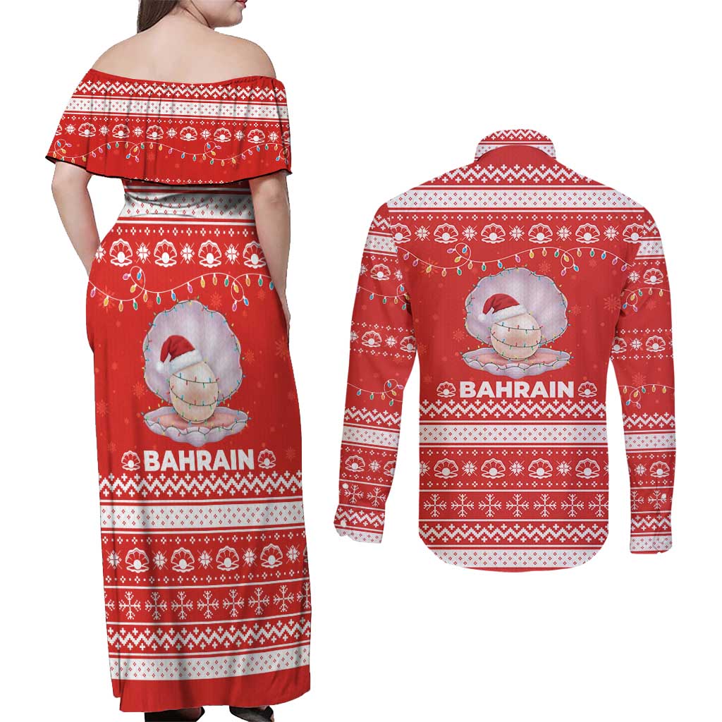 Bahrain Christmas Couples Matching Off Shoulder Maxi Dress and Long Sleeve Button Shirt with Pearl Shell Design Red Snowflake Pattern and Holiday Lights - Wonder Print Shop