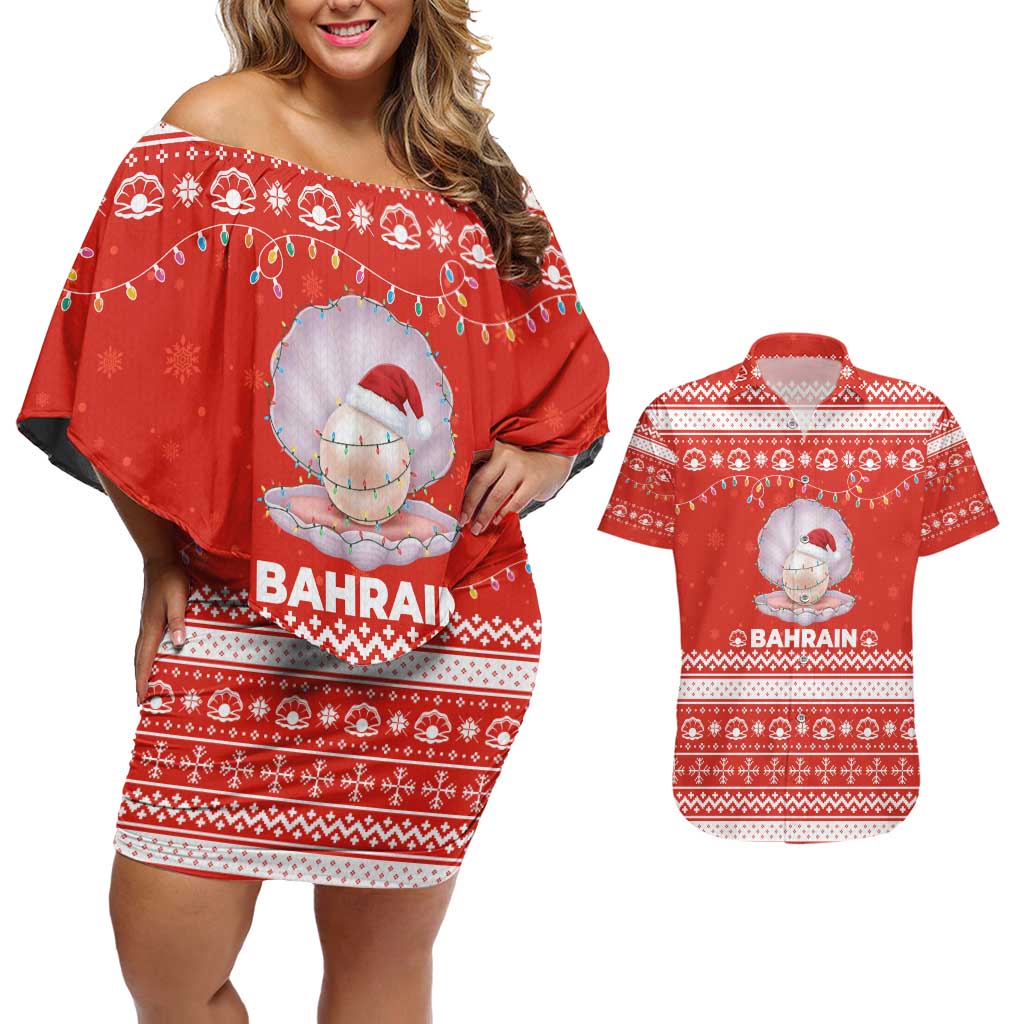 Bahrain Christmas Couples Matching Off Shoulder Short Dress and Hawaiian Shirt with Pearl Shell Design Red Snowflake Pattern and Holiday Lights - Wonder Print Shop