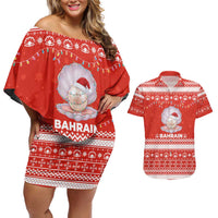 Bahrain Christmas Couples Matching Off Shoulder Short Dress and Hawaiian Shirt with Pearl Shell Design Red Snowflake Pattern and Holiday Lights - Wonder Print Shop