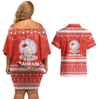Bahrain Christmas Couples Matching Off Shoulder Short Dress and Hawaiian Shirt with Pearl Shell Design Red Snowflake Pattern and Holiday Lights - Wonder Print Shop