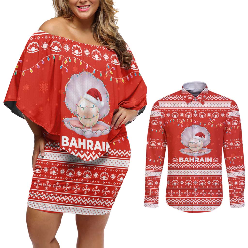 Bahrain Christmas Couples Matching Off Shoulder Short Dress and Long Sleeve Button Shirt with Pearl Shell Design Red Snowflake Pattern and Holiday Lights - Wonder Print Shop