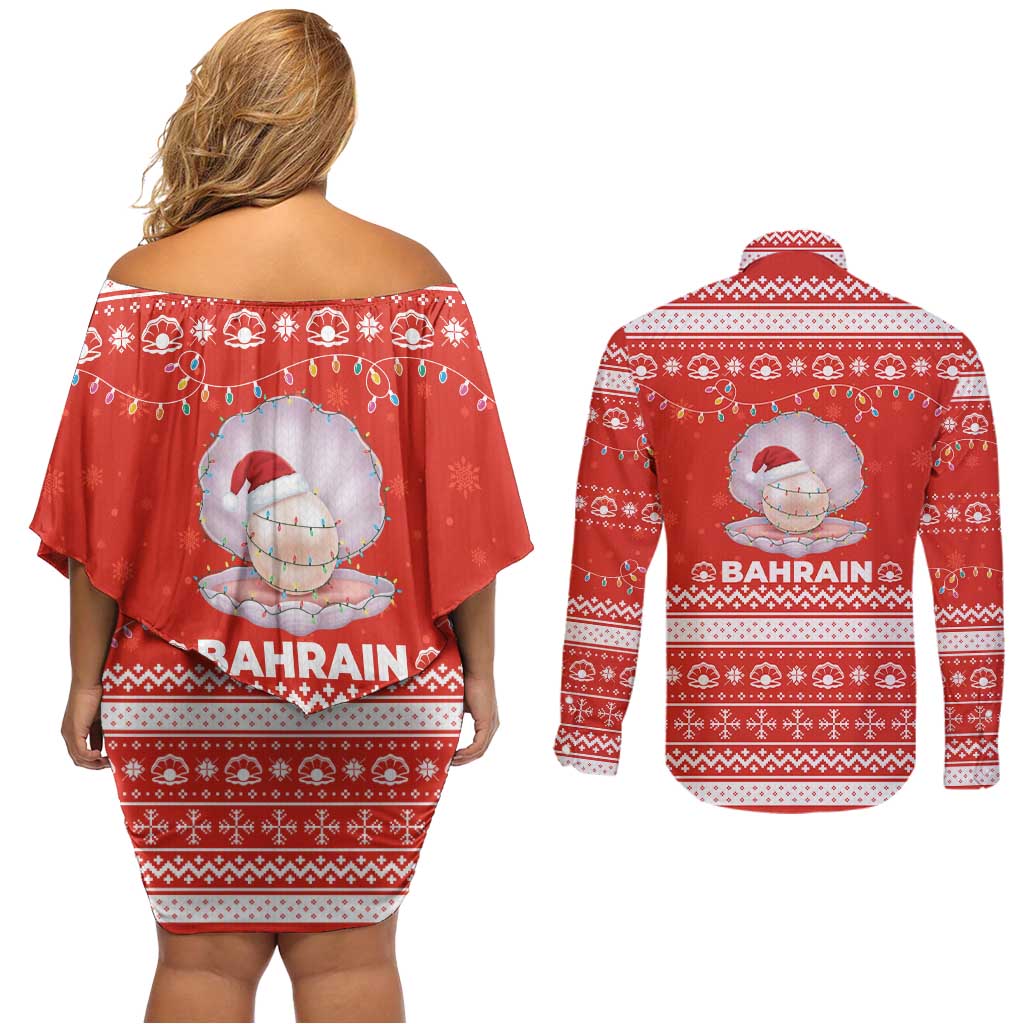 Bahrain Christmas Couples Matching Off Shoulder Short Dress and Long Sleeve Button Shirt with Pearl Shell Design Red Snowflake Pattern and Holiday Lights - Wonder Print Shop
