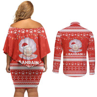 Bahrain Christmas Couples Matching Off Shoulder Short Dress and Long Sleeve Button Shirt with Pearl Shell Design Red Snowflake Pattern and Holiday Lights - Wonder Print Shop