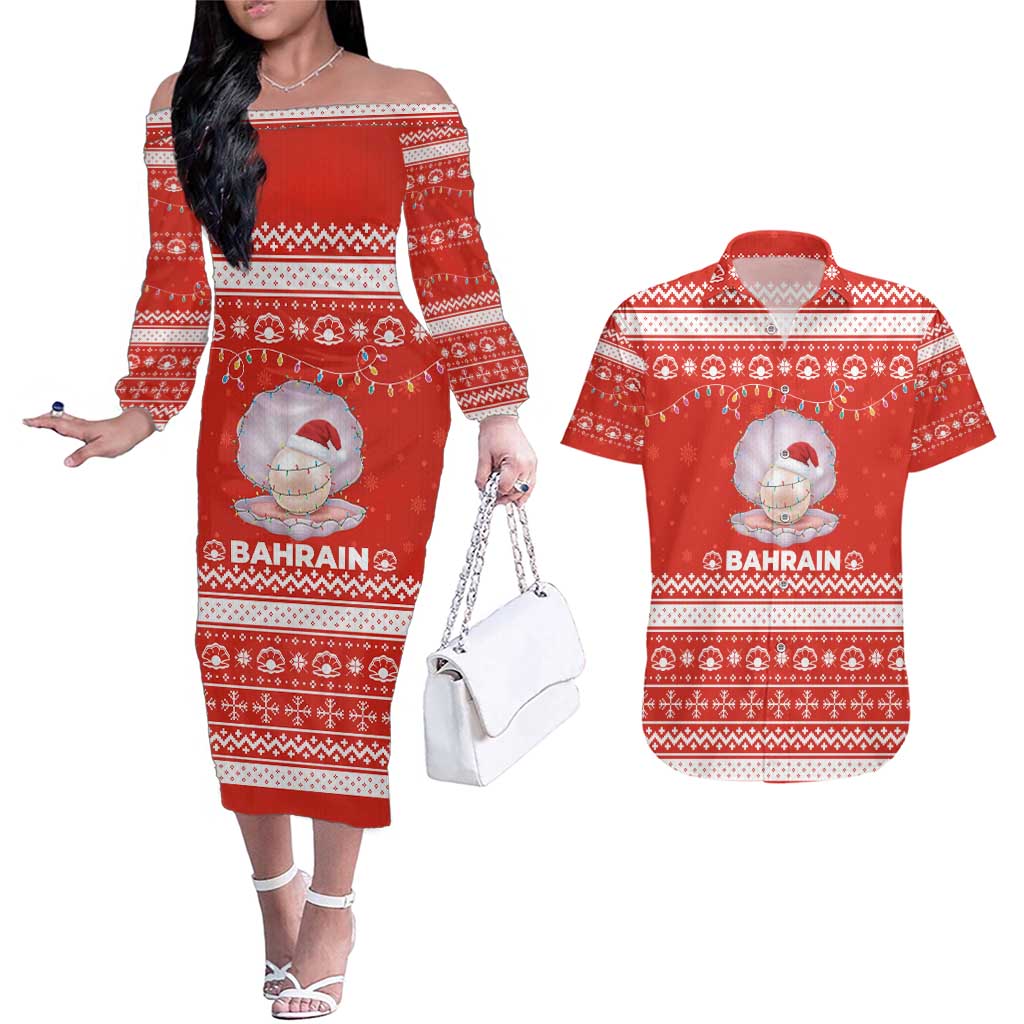 Bahrain Christmas Couples Matching Off The Shoulder Long Sleeve Dress and Hawaiian Shirt with Pearl Shell Design Red Snowflake Pattern and Holiday Lights - Wonder Print Shop