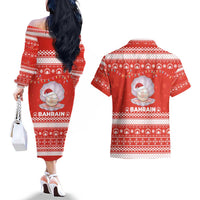 Bahrain Christmas Couples Matching Off The Shoulder Long Sleeve Dress and Hawaiian Shirt with Pearl Shell Design Red Snowflake Pattern and Holiday Lights - Wonder Print Shop