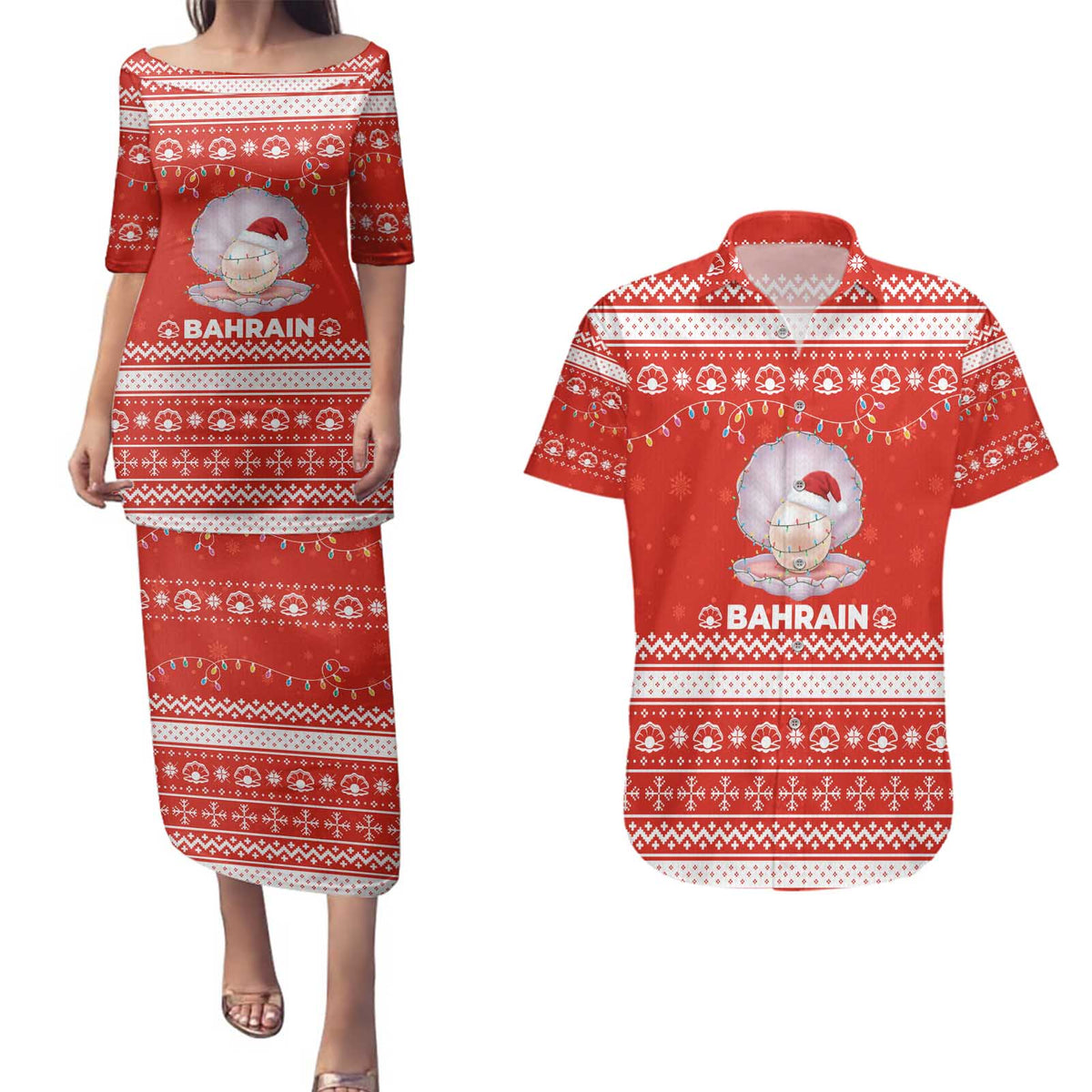 Bahrain Christmas Couples Matching Puletasi and Hawaiian Shirt with Pearl Shell Design Red Snowflake Pattern and Holiday Lights - Wonder Print Shop