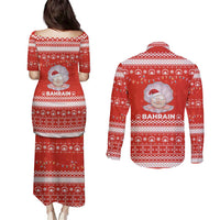 Bahrain Christmas Couples Matching Puletasi and Long Sleeve Button Shirt with Pearl Shell Design Red Snowflake Pattern and Holiday Lights - Wonder Print Shop