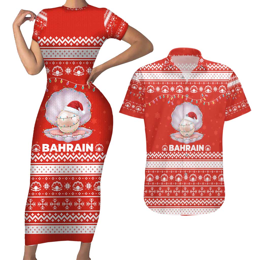Bahrain Christmas Couples Matching Short Sleeve Bodycon Dress and Hawaiian Shirt with Pearl Shell Design Red Snowflake Pattern and Holiday Lights - Wonder Print Shop