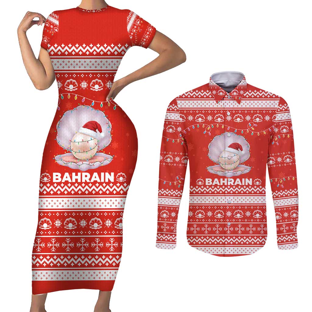 Bahrain Christmas Couples Matching Short Sleeve Bodycon Dress and Long Sleeve Button Shirt with Pearl Shell Design Red Snowflake Pattern and Holiday Lights - Wonder Print Shop