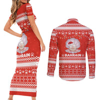 Bahrain Christmas Couples Matching Short Sleeve Bodycon Dress and Long Sleeve Button Shirt with Pearl Shell Design Red Snowflake Pattern and Holiday Lights - Wonder Print Shop
