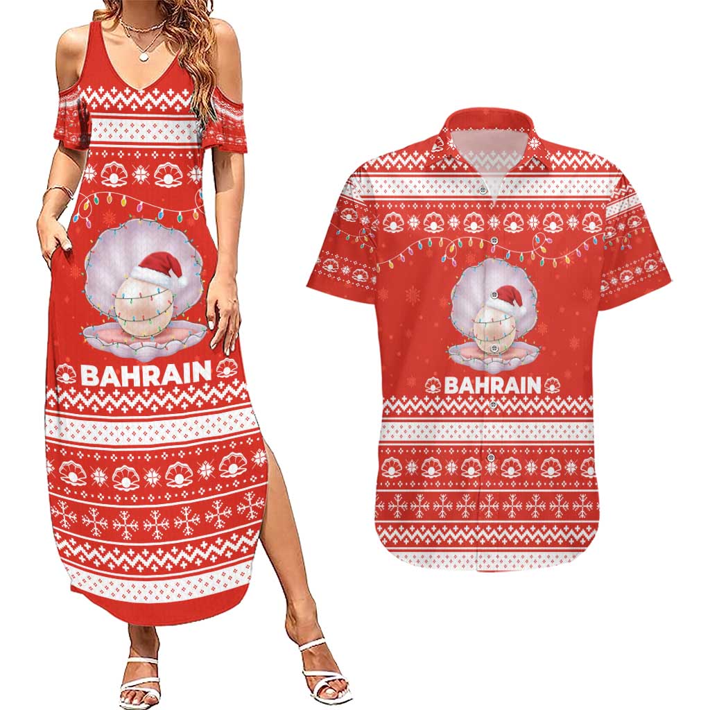 Bahrain Christmas Couples Matching Summer Maxi Dress and Hawaiian Shirt with Pearl Shell Design Red Snowflake Pattern and Holiday Lights - Wonder Print Shop