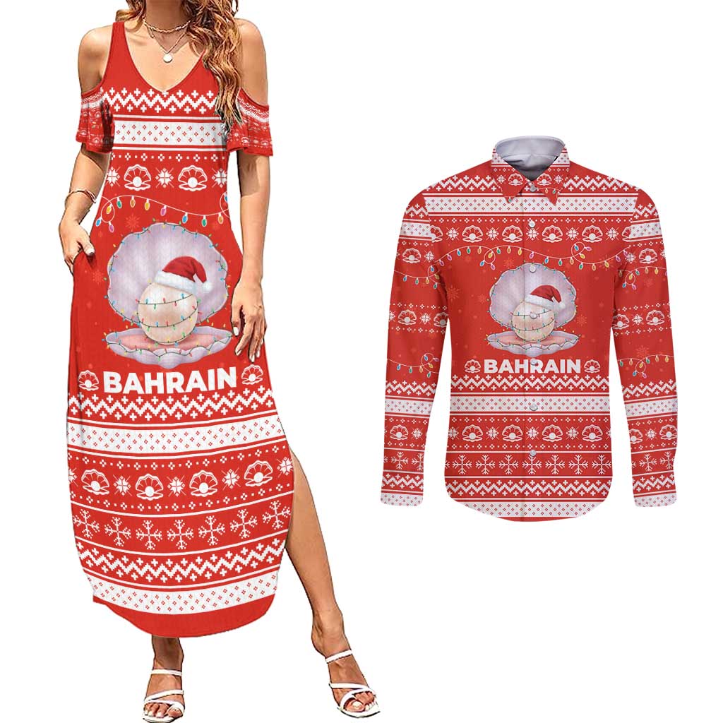 Bahrain Christmas Couples Matching Summer Maxi Dress and Long Sleeve Button Shirt with Pearl Shell Design Red Snowflake Pattern and Holiday Lights - Wonder Print Shop