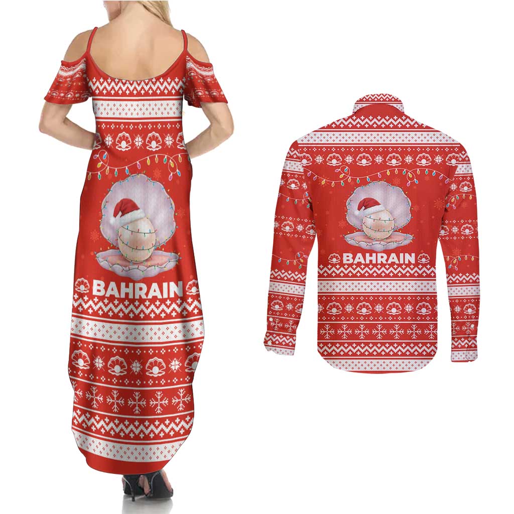 Bahrain Christmas Couples Matching Summer Maxi Dress and Long Sleeve Button Shirt with Pearl Shell Design Red Snowflake Pattern and Holiday Lights - Wonder Print Shop
