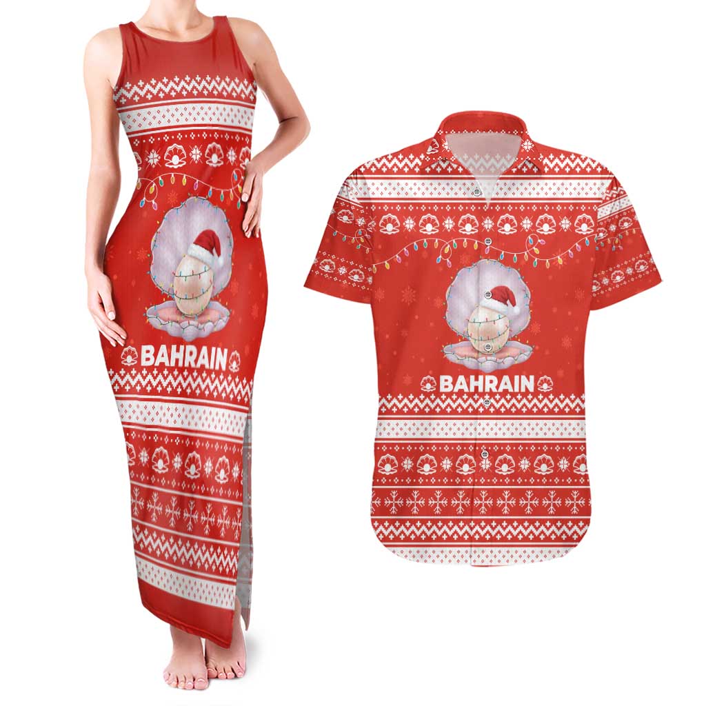Bahrain Christmas Couples Matching Tank Maxi Dress and Hawaiian Shirt with Pearl Shell Design Red Snowflake Pattern and Holiday Lights - Wonder Print Shop