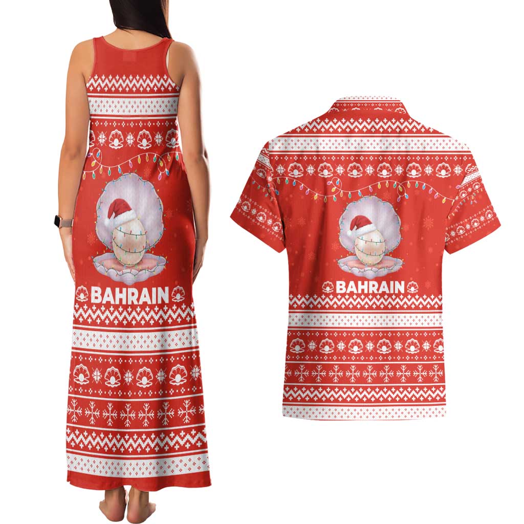 Bahrain Christmas Couples Matching Tank Maxi Dress and Hawaiian Shirt with Pearl Shell Design Red Snowflake Pattern and Holiday Lights - Wonder Print Shop