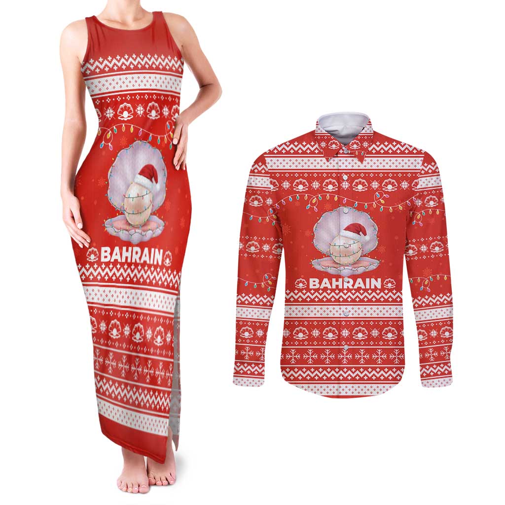 Bahrain Christmas Couples Matching Tank Maxi Dress and Long Sleeve Button Shirt with Pearl Shell Design Red Snowflake Pattern and Holiday Lights - Wonder Print Shop