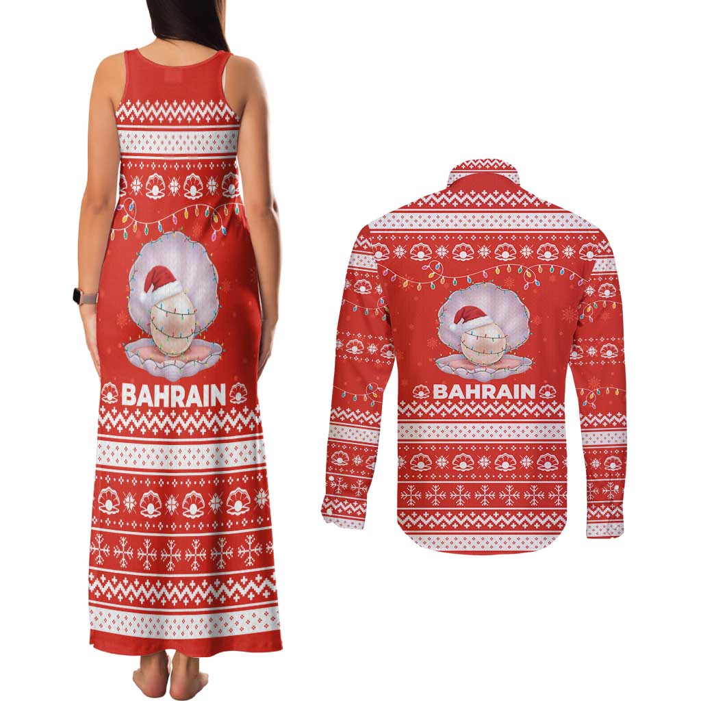 Bahrain Christmas Couples Matching Tank Maxi Dress and Long Sleeve Button Shirt with Pearl Shell Design Red Snowflake Pattern and Holiday Lights - Wonder Print Shop