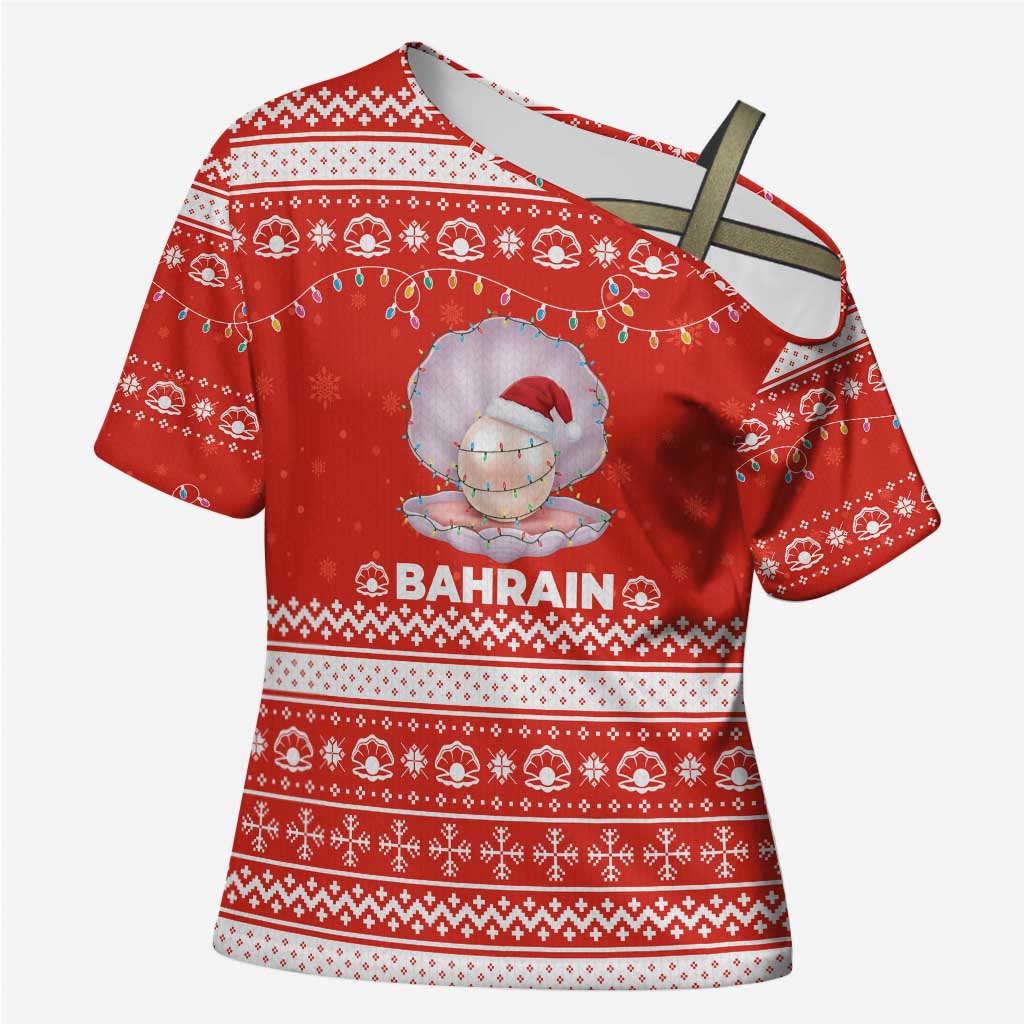 Bahrain Christmas Cross Shoulder Shirt with Pearl Shell Design Red Snowflake Pattern and Holiday Lights - Wonder Print Shop