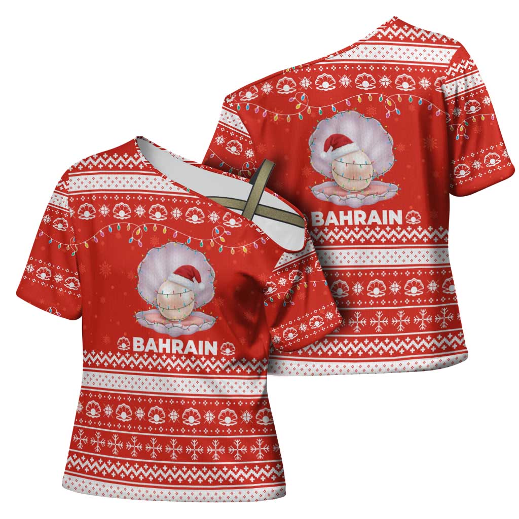 Bahrain Christmas Cross Shoulder Shirt with Pearl Shell Design Red Snowflake Pattern and Holiday Lights - Wonder Print Shop