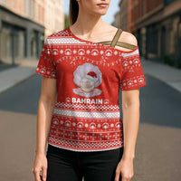 Bahrain Christmas Cross Shoulder Shirt with Pearl Shell Design Red Snowflake Pattern and Holiday Lights - Wonder Print Shop