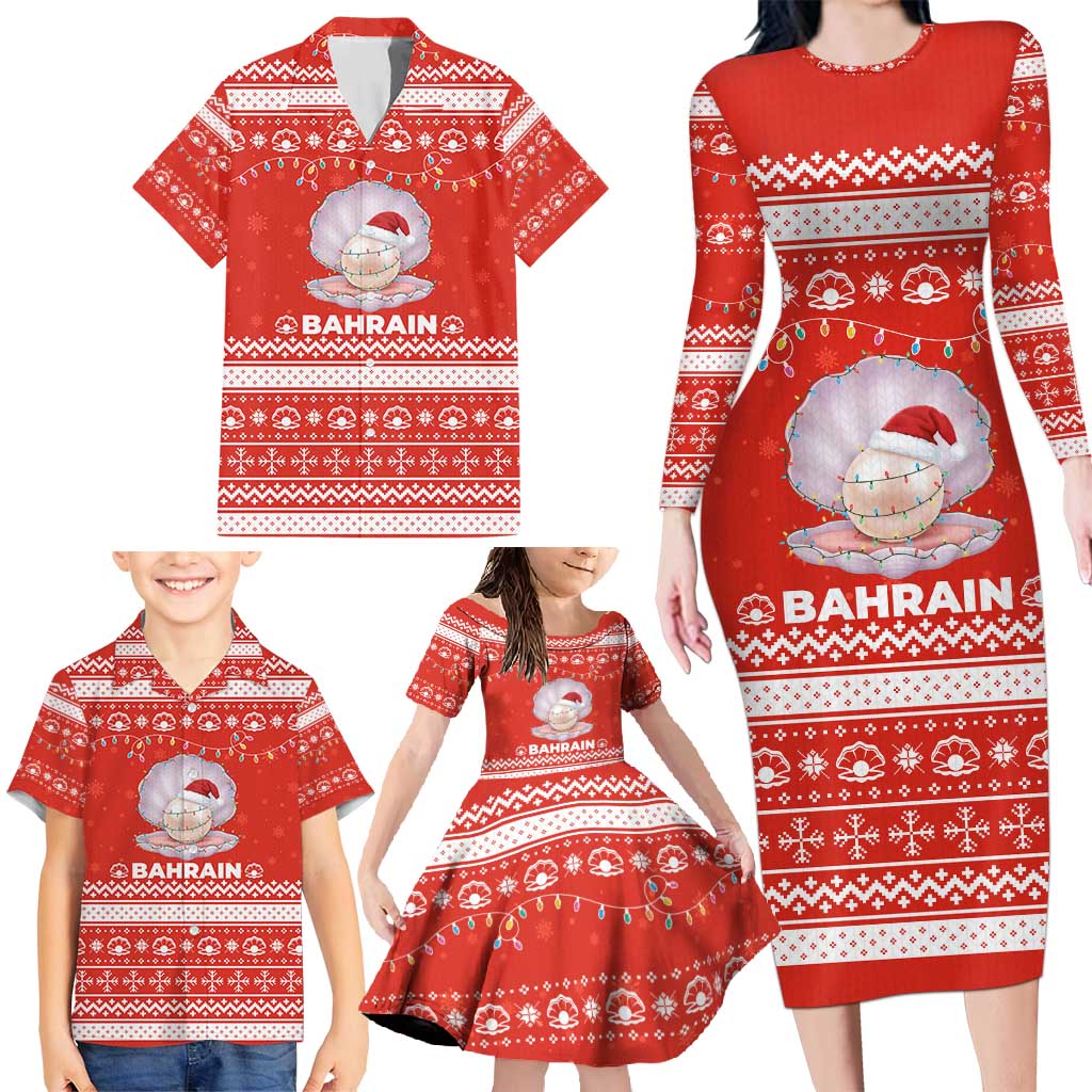Bahrain Christmas Family Matching Long Sleeve Bodycon Dress and Hawaiian Shirt with Pearl Shell Design Red Snowflake Pattern and Holiday Lights - Wonder Print Shop