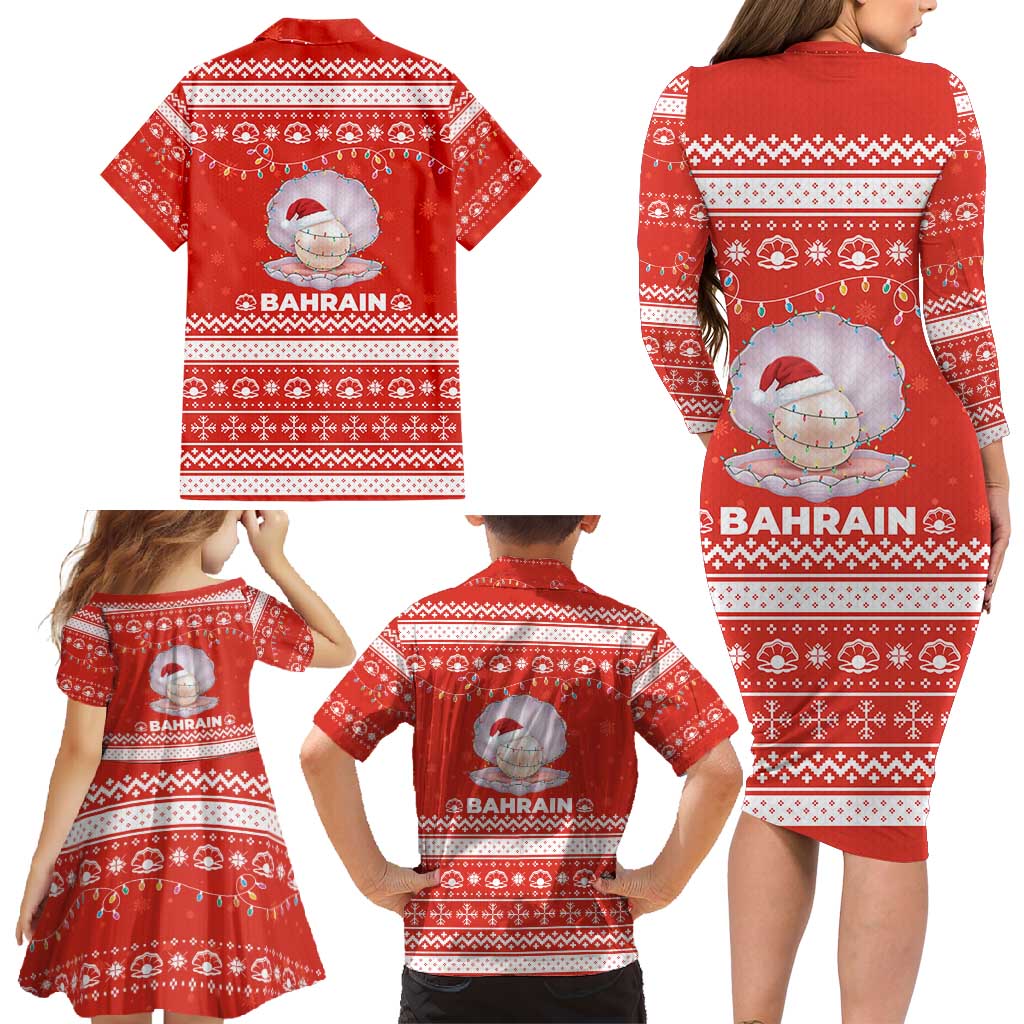 Bahrain Christmas Family Matching Long Sleeve Bodycon Dress and Hawaiian Shirt with Pearl Shell Design Red Snowflake Pattern and Holiday Lights - Wonder Print Shop