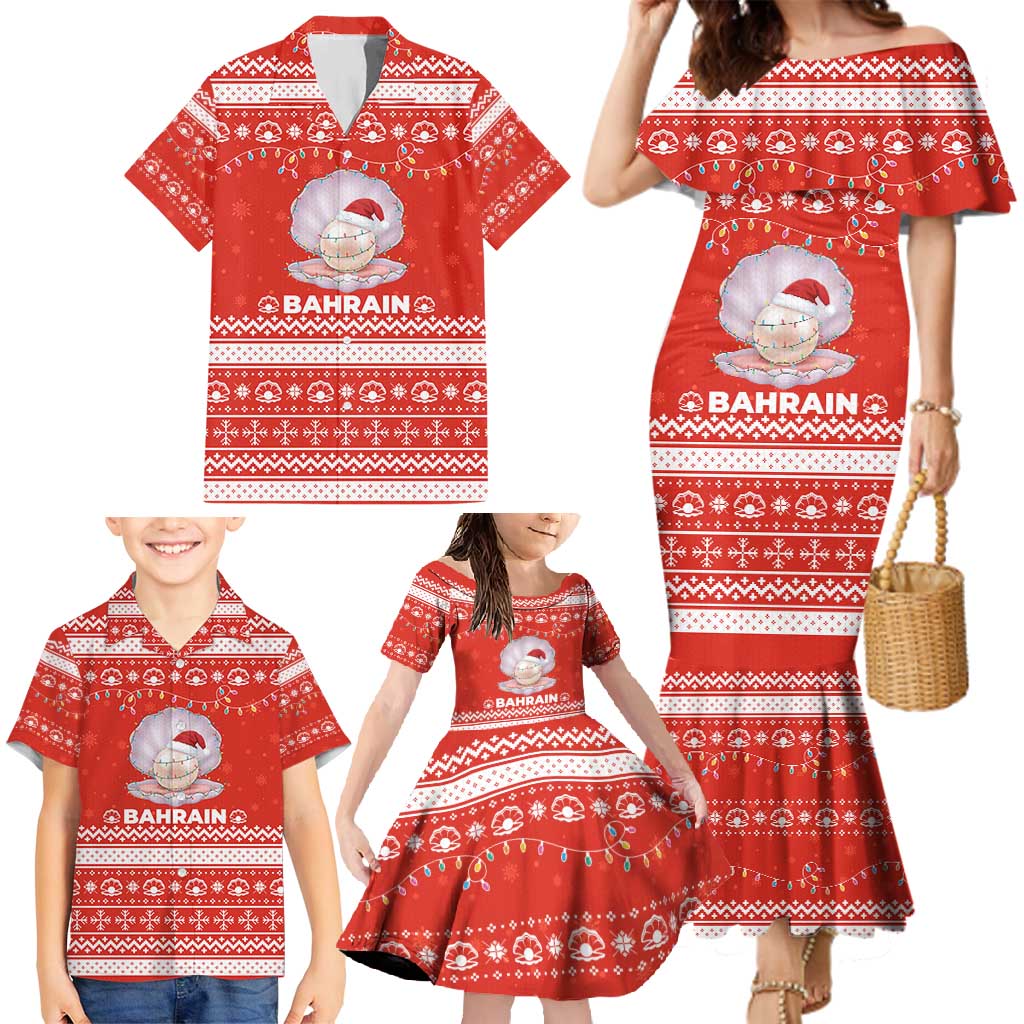 Bahrain Christmas Family Matching Mermaid Dress and Hawaiian Shirt with Pearl Shell Design Red Snowflake Pattern and Holiday Lights - Wonder Print Shop