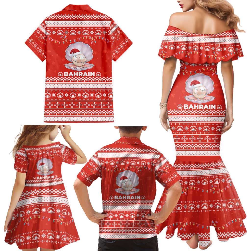 Bahrain Christmas Family Matching Mermaid Dress and Hawaiian Shirt with Pearl Shell Design Red Snowflake Pattern and Holiday Lights - Wonder Print Shop