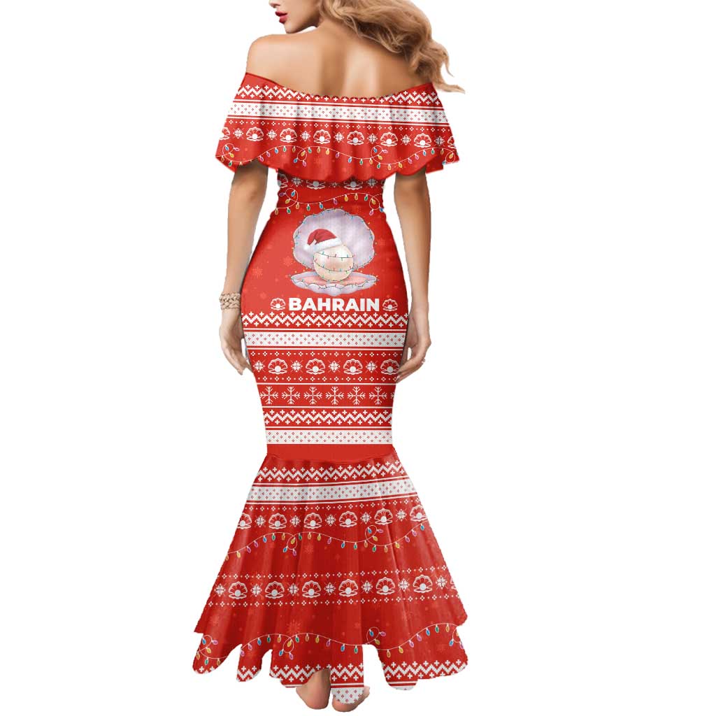 Bahrain Christmas Family Matching Mermaid Dress and Hawaiian Shirt with Pearl Shell Design Red Snowflake Pattern and Holiday Lights - Wonder Print Shop