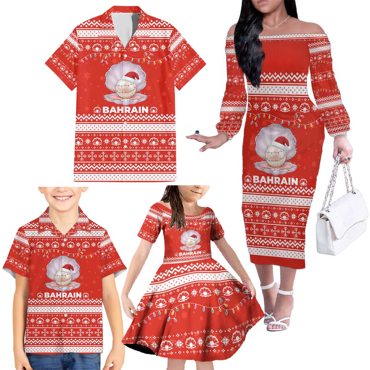 Bahrain Christmas Family Matching Off The Shoulder Long Sleeve Dress and Hawaiian Shirt with Pearl Shell Design Red Snowflake Pattern and Holiday Lights - Wonder Print Shop