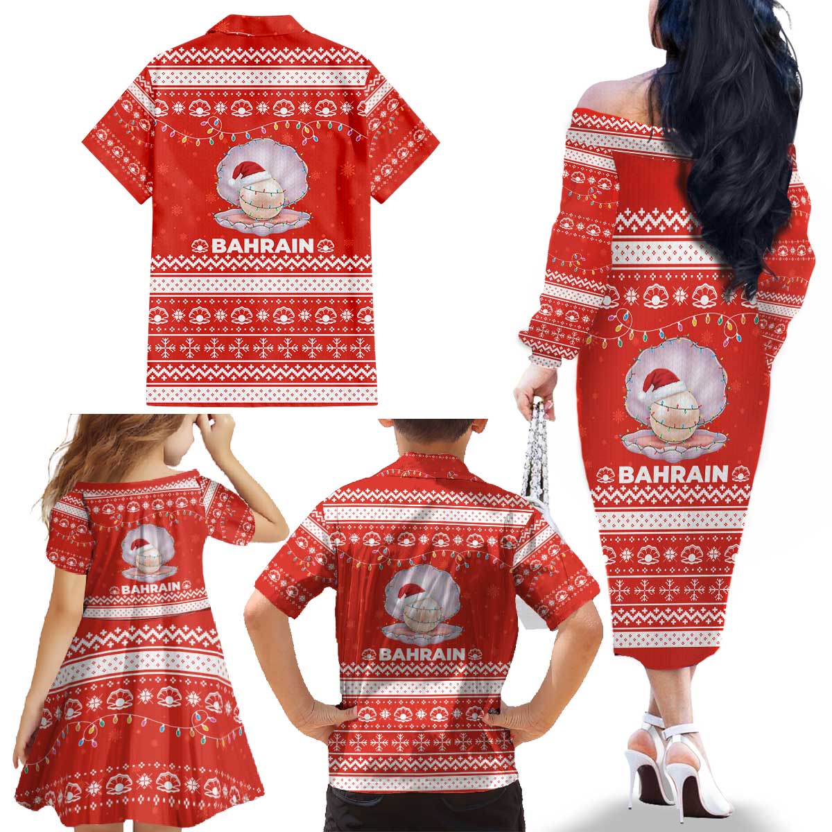 Bahrain Christmas Family Matching Off The Shoulder Long Sleeve Dress and Hawaiian Shirt with Pearl Shell Design Red Snowflake Pattern and Holiday Lights - Wonder Print Shop