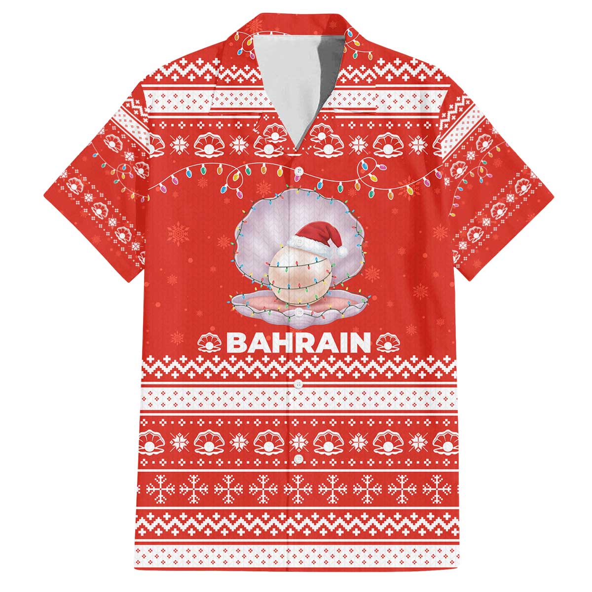 Bahrain Christmas Family Matching Off The Shoulder Long Sleeve Dress and Hawaiian Shirt with Pearl Shell Design Red Snowflake Pattern and Holiday Lights - Wonder Print Shop