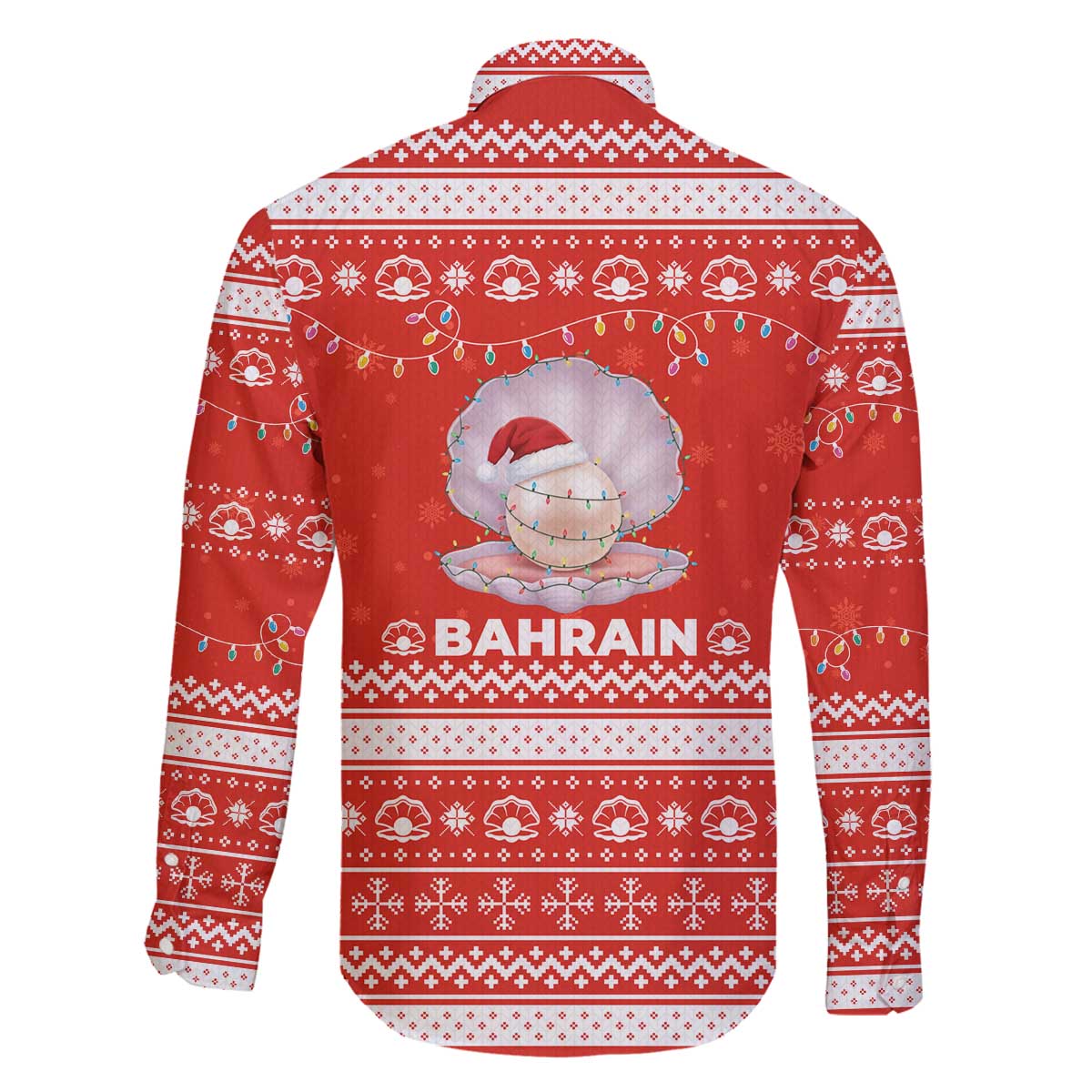 Bahrain Christmas Family Matching Off The Shoulder Long Sleeve Dress and Hawaiian Shirt with Pearl Shell Design Red Snowflake Pattern and Holiday Lights - Wonder Print Shop