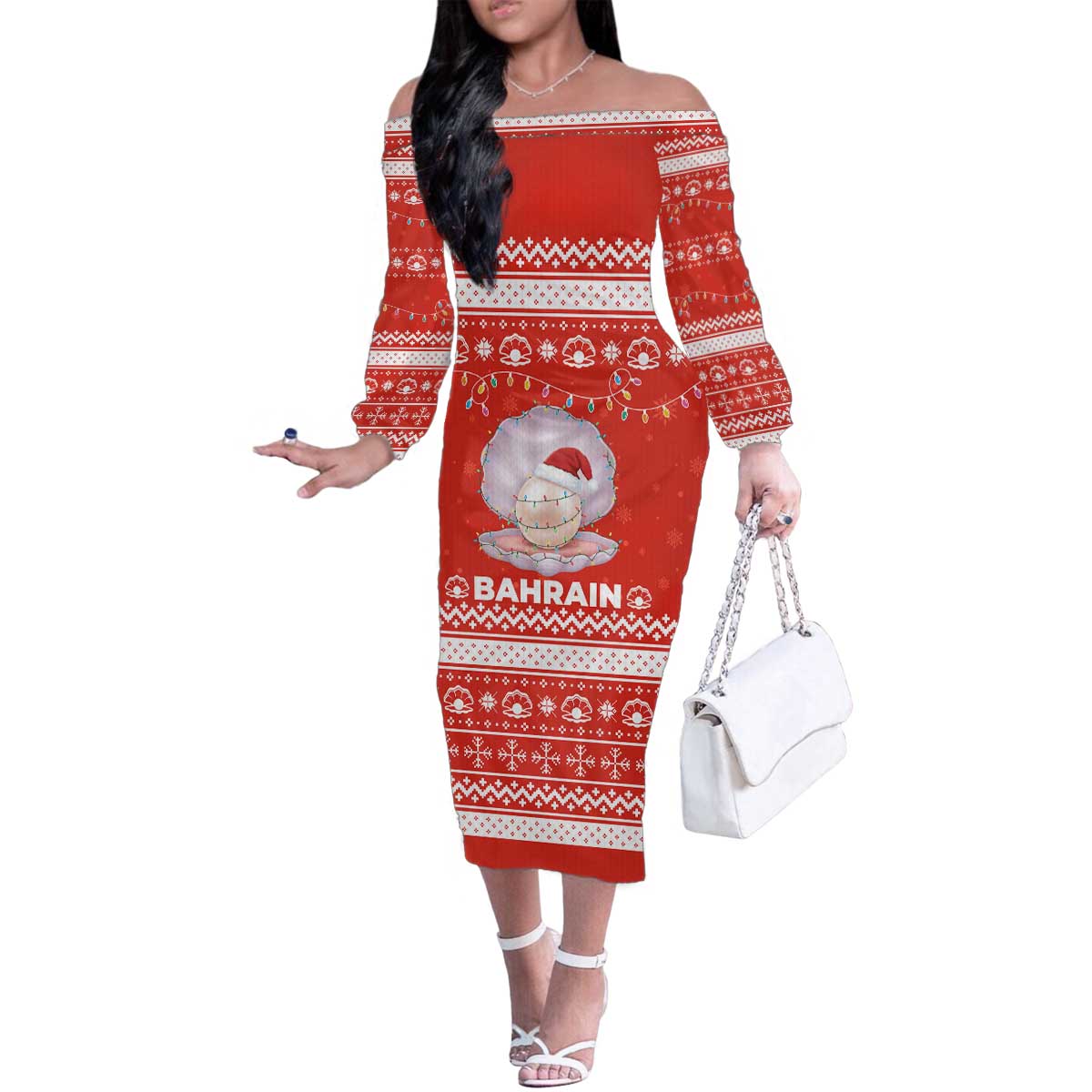 Bahrain Christmas Family Matching Off The Shoulder Long Sleeve Dress and Hawaiian Shirt with Pearl Shell Design Red Snowflake Pattern and Holiday Lights - Wonder Print Shop