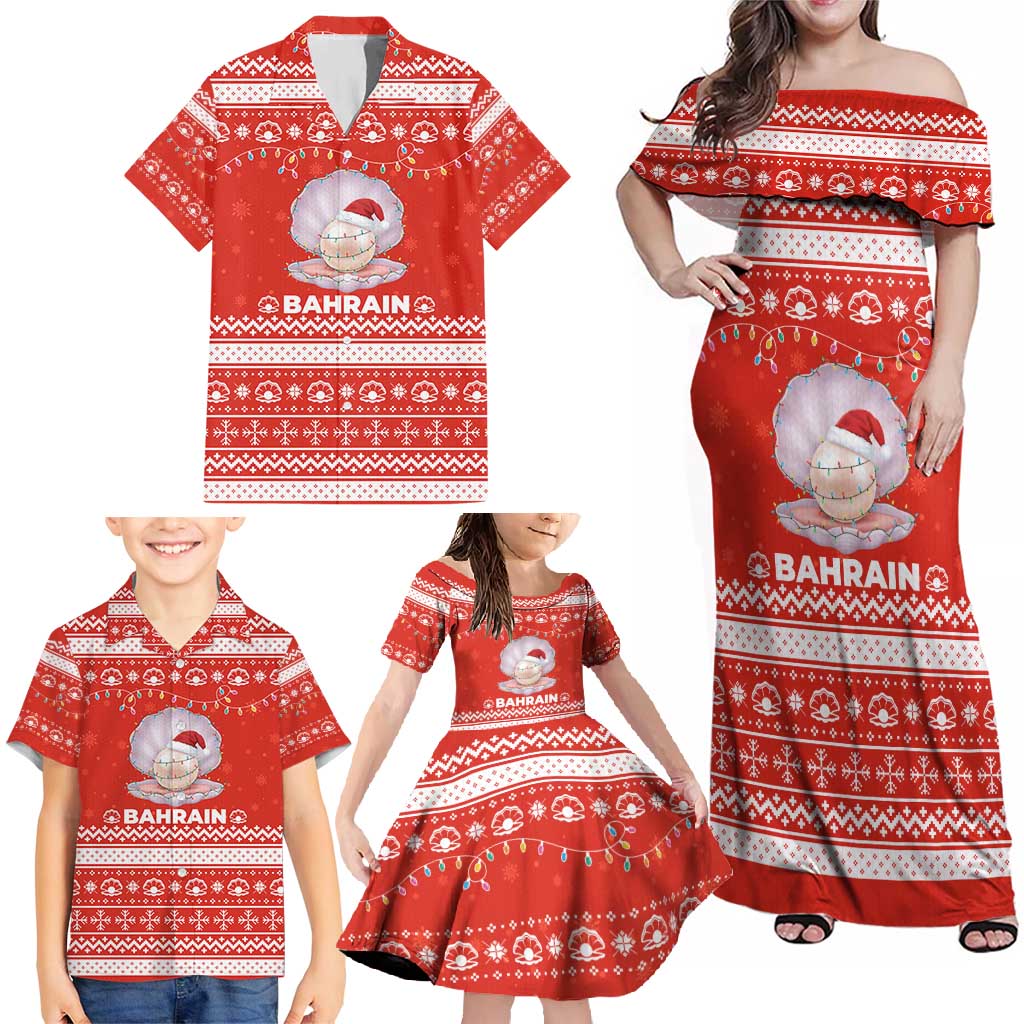 Bahrain Christmas Family Matching Off Shoulder Maxi Dress and Hawaiian Shirt with Pearl Shell Design Red Snowflake Pattern and Holiday Lights - Wonder Print Shop