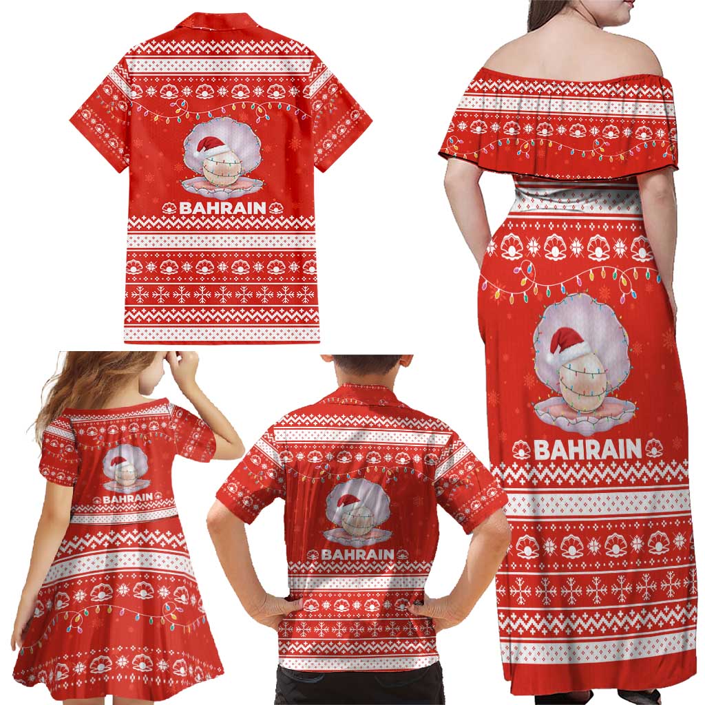 Bahrain Christmas Family Matching Off Shoulder Maxi Dress and Hawaiian Shirt with Pearl Shell Design Red Snowflake Pattern and Holiday Lights - Wonder Print Shop