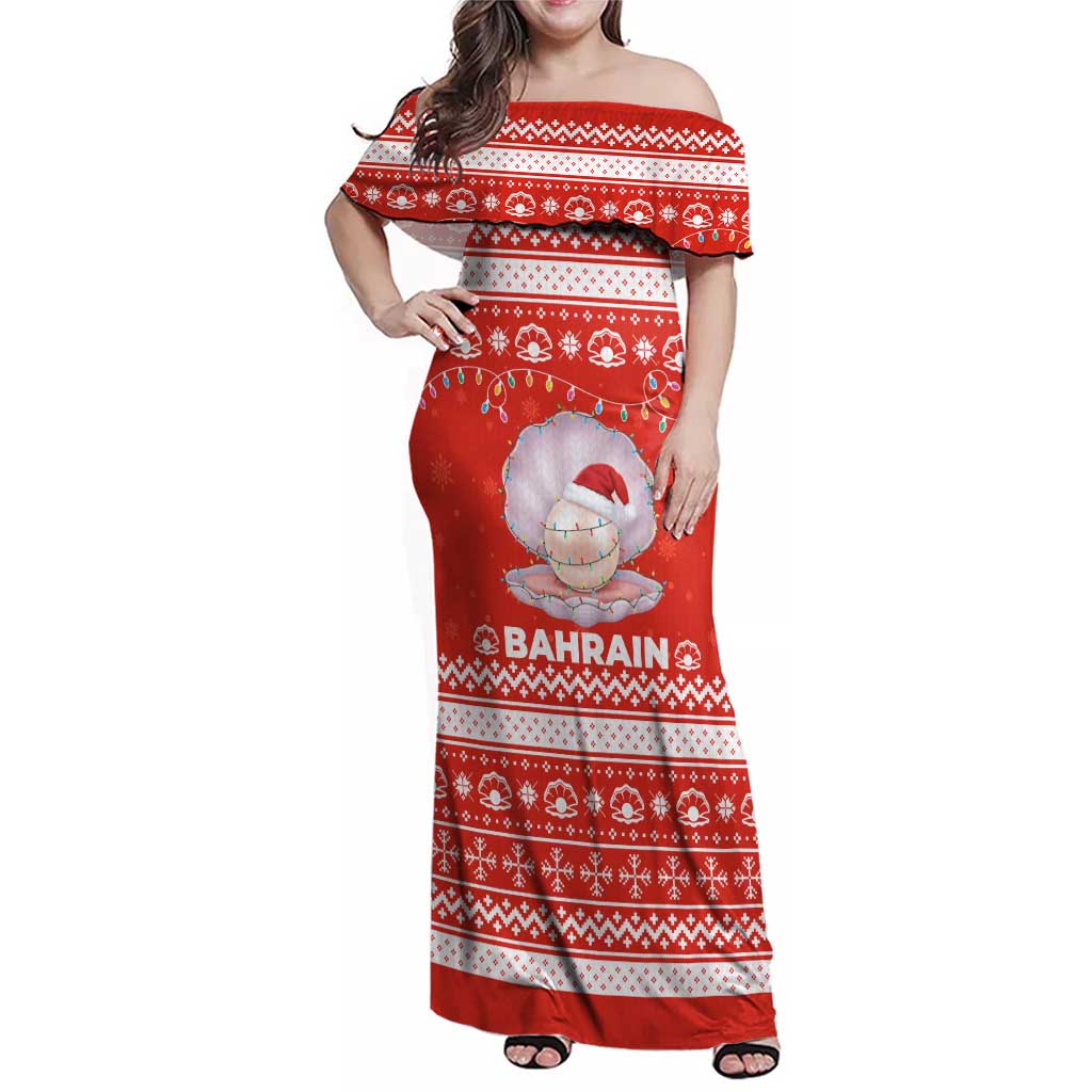 Bahrain Christmas Family Matching Off Shoulder Maxi Dress and Hawaiian Shirt with Pearl Shell Design Red Snowflake Pattern and Holiday Lights - Wonder Print Shop