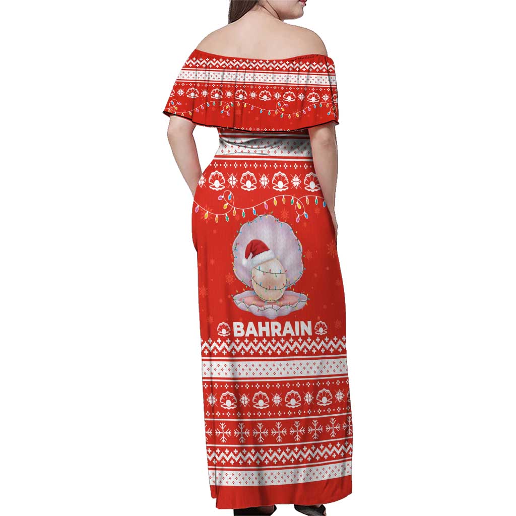 Bahrain Christmas Family Matching Off Shoulder Maxi Dress and Hawaiian Shirt with Pearl Shell Design Red Snowflake Pattern and Holiday Lights - Wonder Print Shop