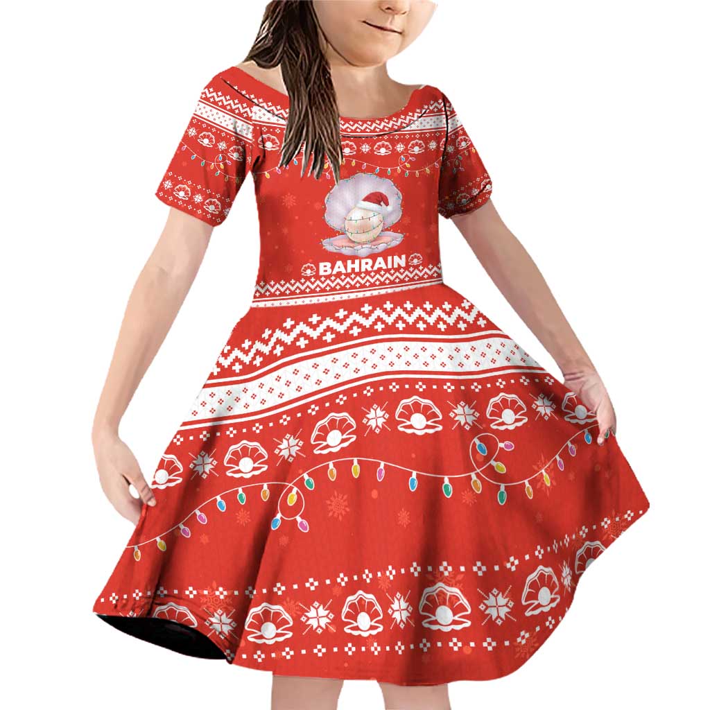 Bahrain Christmas Family Matching Off Shoulder Short Dress and Hawaiian Shirt with Pearl Shell Design Red Snowflake Pattern and Holiday Lights - Wonder Print Shop