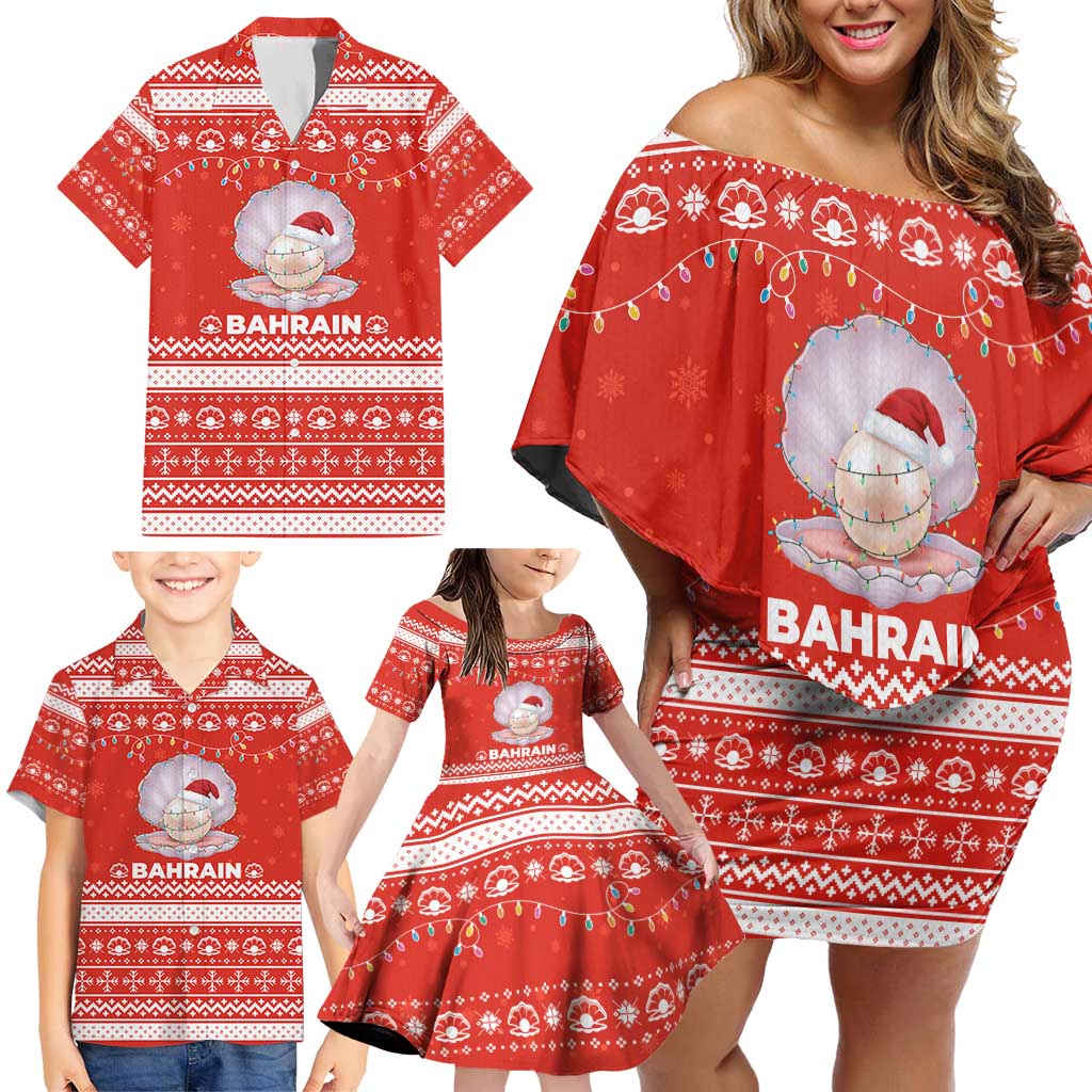 Bahrain Christmas Family Matching Off Shoulder Short Dress and Hawaiian Shirt with Pearl Shell Design Red Snowflake Pattern and Holiday Lights - Wonder Print Shop