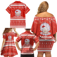 Bahrain Christmas Family Matching Off Shoulder Short Dress and Hawaiian Shirt with Pearl Shell Design Red Snowflake Pattern and Holiday Lights - Wonder Print Shop