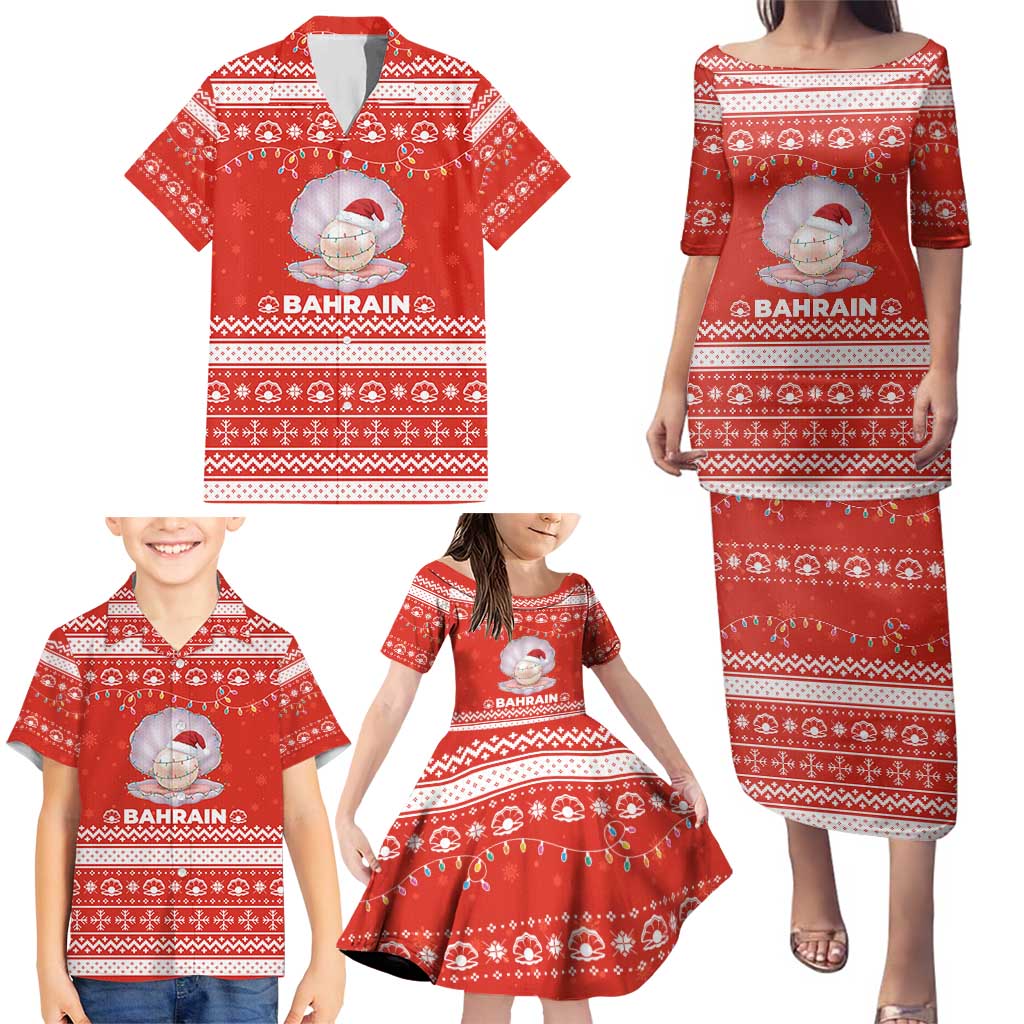 Bahrain Christmas Family Matching Puletasi and Hawaiian Shirt with Pearl Shell Design Red Snowflake Pattern and Holiday Lights - Wonder Print Shop