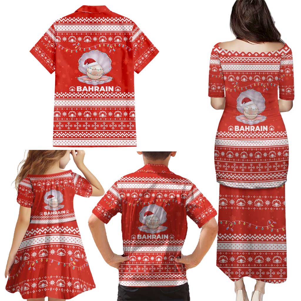 Bahrain Christmas Family Matching Puletasi and Hawaiian Shirt with Pearl Shell Design Red Snowflake Pattern and Holiday Lights - Wonder Print Shop
