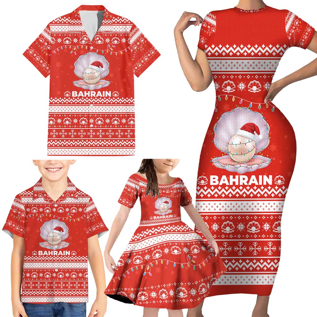 Bahrain Christmas Family Matching Short Sleeve Bodycon Dress and Hawaiian Shirt with Pearl Shell Design Red Snowflake Pattern and Holiday Lights - Wonder Print Shop