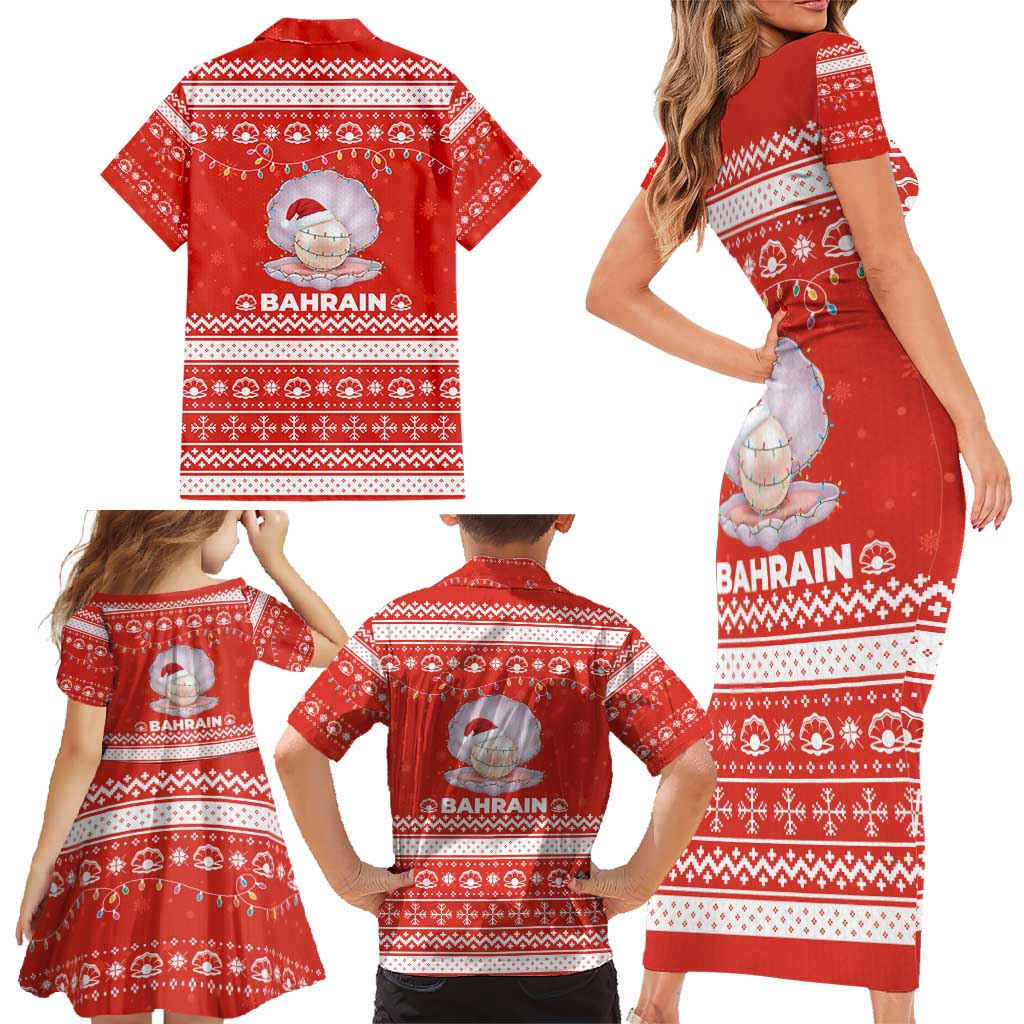 Bahrain Christmas Family Matching Short Sleeve Bodycon Dress and Hawaiian Shirt with Pearl Shell Design Red Snowflake Pattern and Holiday Lights - Wonder Print Shop