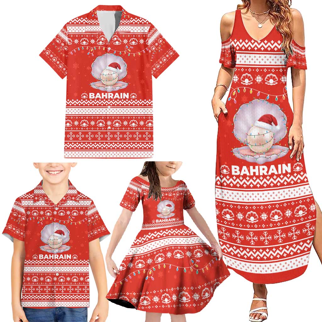 Bahrain Christmas Family Matching Summer Maxi Dress and Hawaiian Shirt with Pearl Shell Design Red Snowflake Pattern and Holiday Lights - Wonder Print Shop