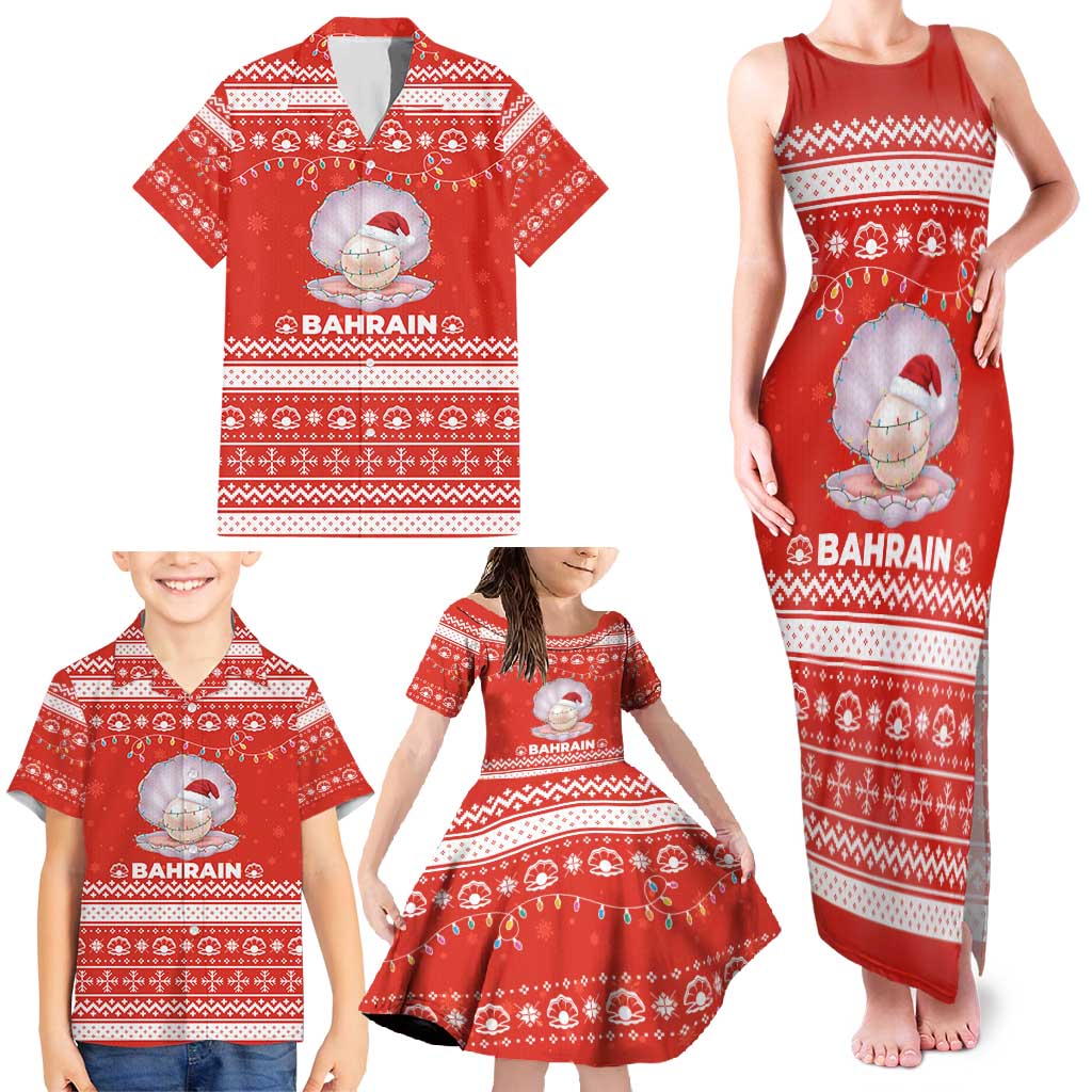 Bahrain Christmas Family Matching Tank Maxi Dress and Hawaiian Shirt with Pearl Shell Design Red Snowflake Pattern and Holiday Lights - Wonder Print Shop